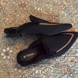 Black and Brown Mules with Metallic Trim and Pointed Toe